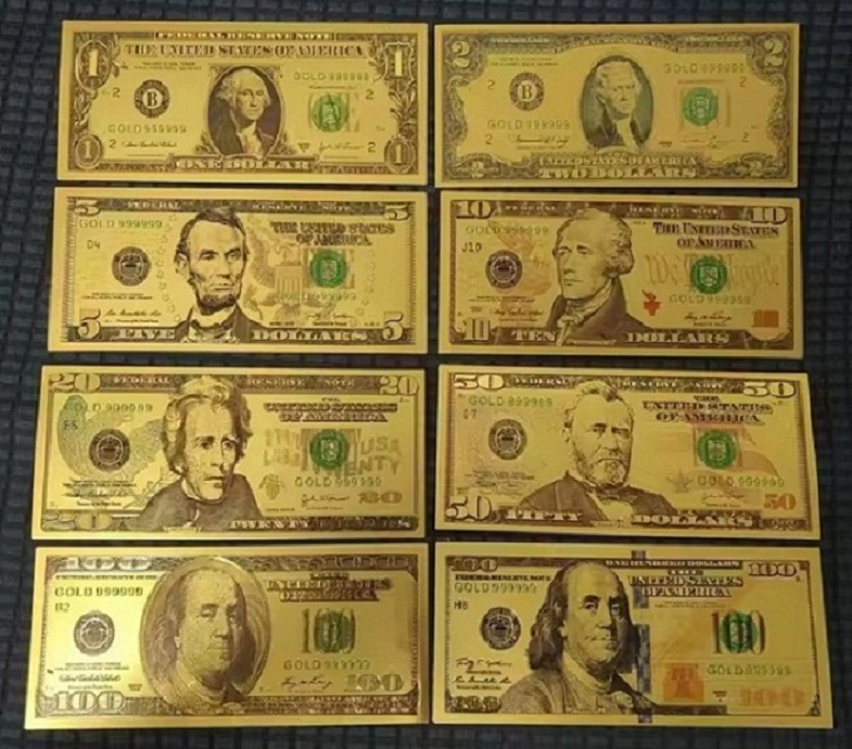  1-100 Dollar USA Banknoten-Satz mit 8 Scheinen auf Goldfolie für Sammler   