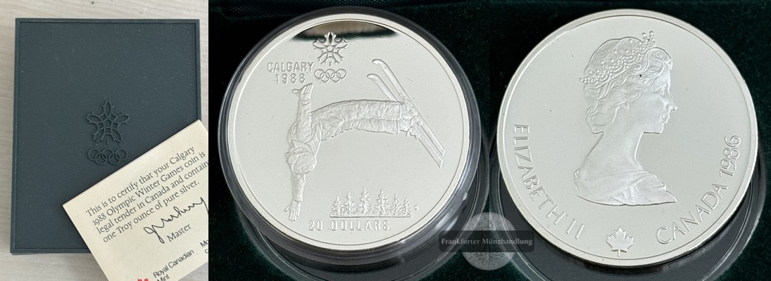  Kanada 20 Dollar  1986 Olympia 1988 Calgary Freestyle-Skiing FM-Frankfurt  Feingewicht: 31,1g Silber   