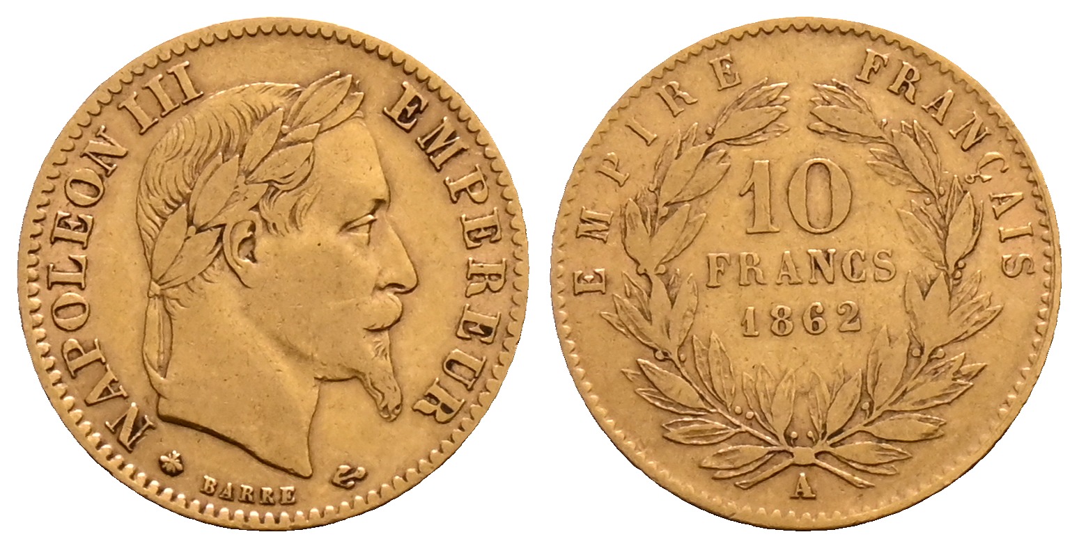 PEUS 2113 Frankreich 2,90 g Feingold. Napoleon III. (1852-1870) 10 Francs GOLD 1862 A Paris Sehr schön