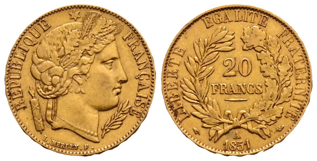 PEUS 2115 Frankreich 5,81 g Feingold. Zweite Republik (1848 - 1852) 20 Francs GOLD 1851 A Sehr schön