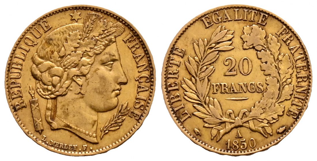 PEUS 2117 Frankreich 5,81 g Feingold. Zweite Republik (1848 - 1852) 20 Francs GOLD 1850 A Sehr schön