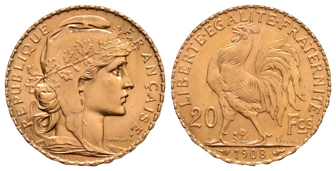 PEUS 2120 Frankreich 5,81 g Feingold. Marianne / Galischer Hahn 20 Francs GOLD 1908 Sehr schön +