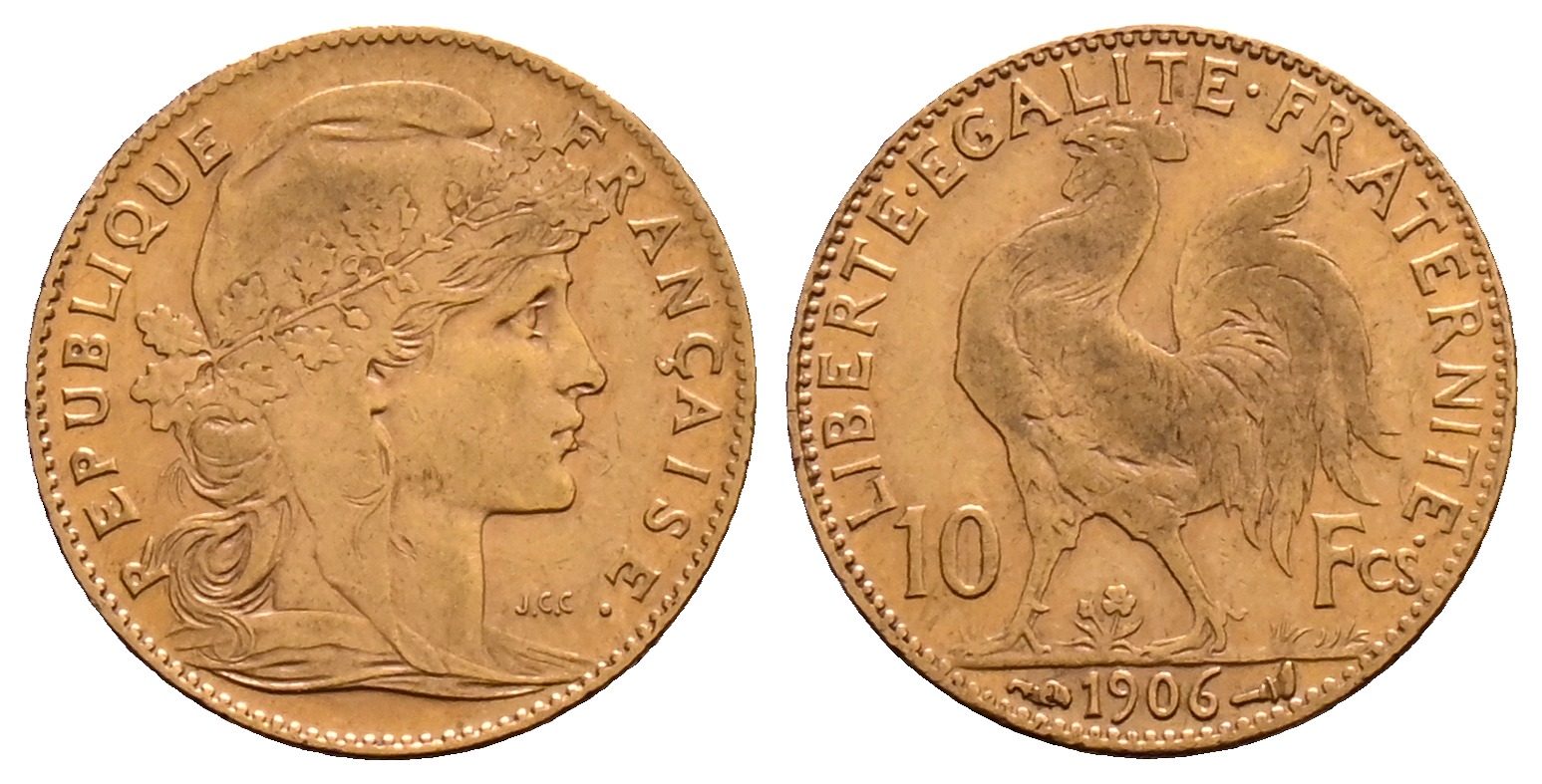 PEUS 2122 Frankreich 2,9 g Feingold. Marianne / Galischer Hahn 10 Francs GOLD 1906 Sehr schön