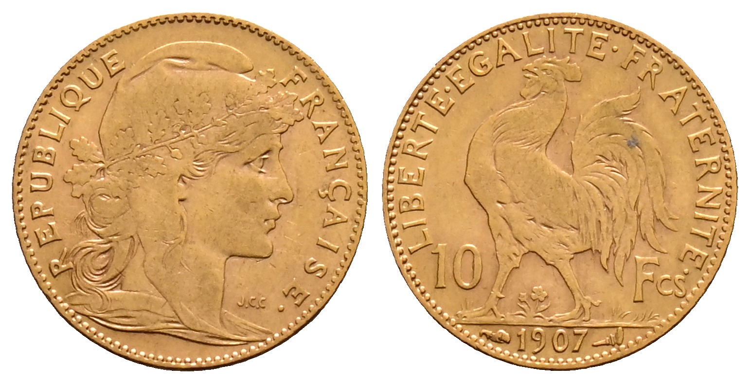 PEUS 2123 Frankreich 2,9 g Feingold. Marianne / Galischer Hahn 10 Francs GOLD 1907 Sehr schön