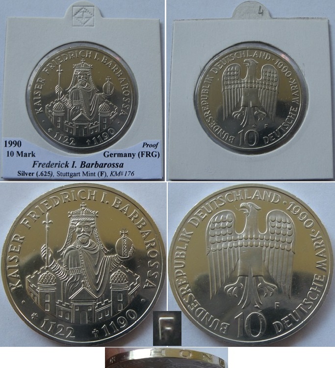  1990, Deutschland, 10 Mark (F) - F.Barbarossa, Silbermünze, PP   