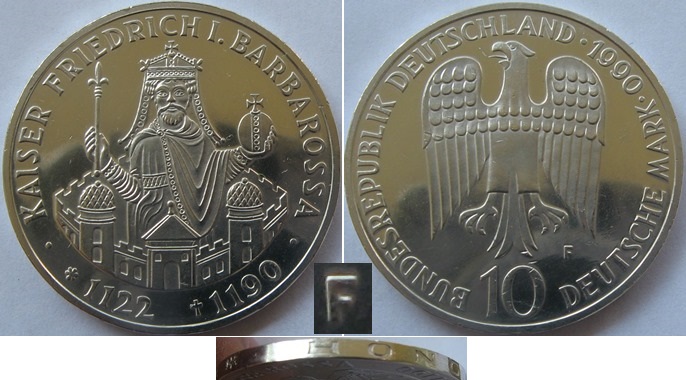  1990,Germany, 10 Mark (F)-F.Barbarossa,silver coin,proof   