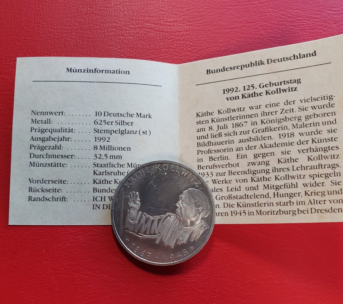  BRD 10 Deutsche Mark 1992 G 125. Geburtstag von Käthe Kollwitz Silber Münze   