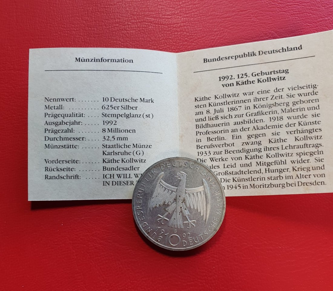  BRD 10 Deutsche Mark 1992 G 125. Geburtstag von Käthe Kollwitz Silber Münze   