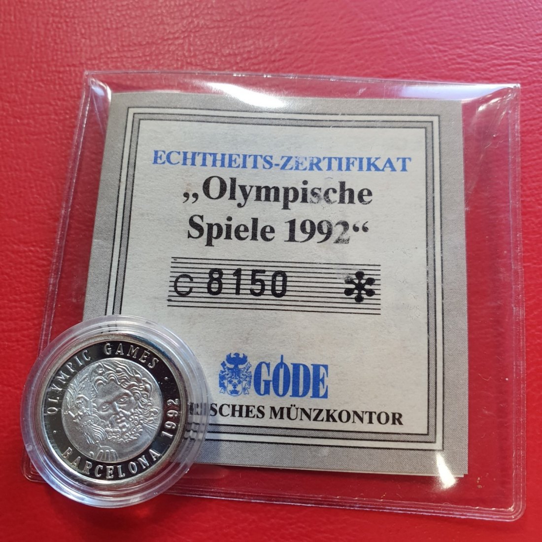  Medaille 999 Silber 5 Gramm Olympische Spiele 1992 mit Zertifikat.   