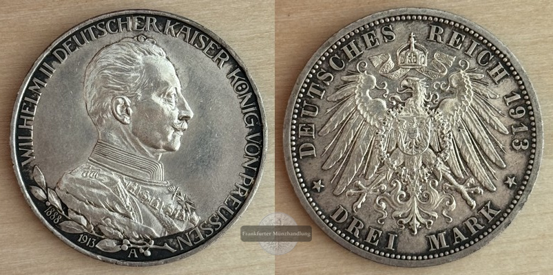  Deutsches Kaiserreich Preussen, Wilhelm II. 3 Mark 1913 A   FM-Frankfurt Feinsilber:15g   