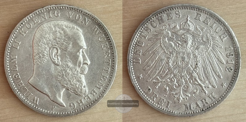  Deutsches Kaiserreich Würtemberg 3 Mark  1912 F  FM-Frankfurt Feingewicht: 15g Silber   