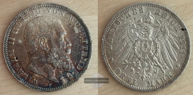  Deutsches Kaiserreich Würtemberg 3 Mark  1911 F  FM-Frankfurt Feingewicht: 15g Silber   