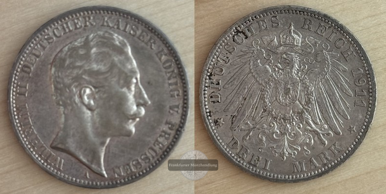  Deutsches Kaiserreich Preussen  3 Mark  Wilhelm II.  1911  A  FM-Frankfurt Feinsilber: 15g   