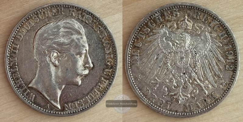  Deutsches Kaiserreich Preussen  3 Mark  Wilhelm II.  1912  A  FM-Frankfurt Feinsilber: 15g   