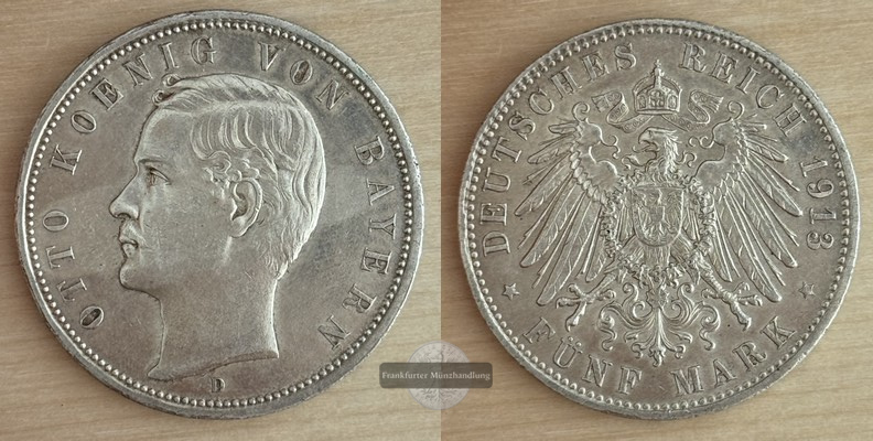  Deutsches Kaiserreich  Bayern, 5 Mark  1913 - D Otto 1886-1913    FM-Frankfurt   Feinsilber: 25g   