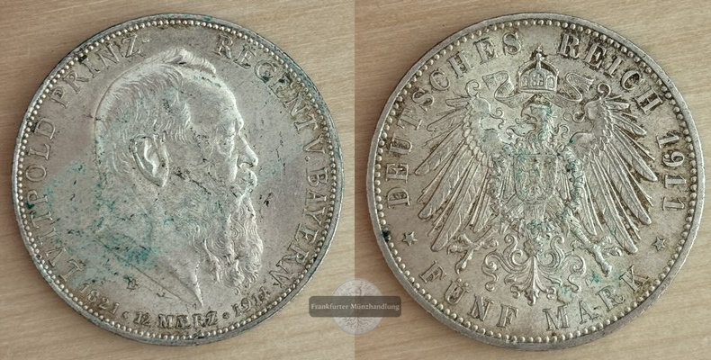  Deutsches Kaiserreich Bayern, Luitpold  5 Mark  1911 D FM-Frankfurt Feinsilber: 25g   