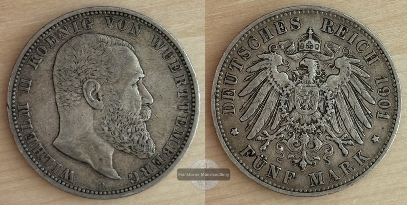  Deutsches Kaiserreich, Württemberg  5 Mark  1901 F  FM-Frankfurt Feingewicht: 25g Silber   