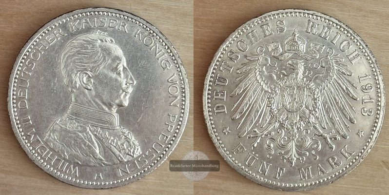  Deutsches Kaiserreich Preussen  5 Mark  1913 A  Wilhelm II. in Uniform  FM-Frankfurt Feinsilber: 25g   