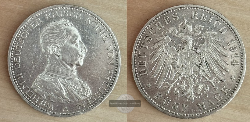  Deutsches Kaiserreich Preussen  5 Mark  1913 A  Wilhelm II. in Uniform  FM-Frankfurt Feinsilber: 25g   