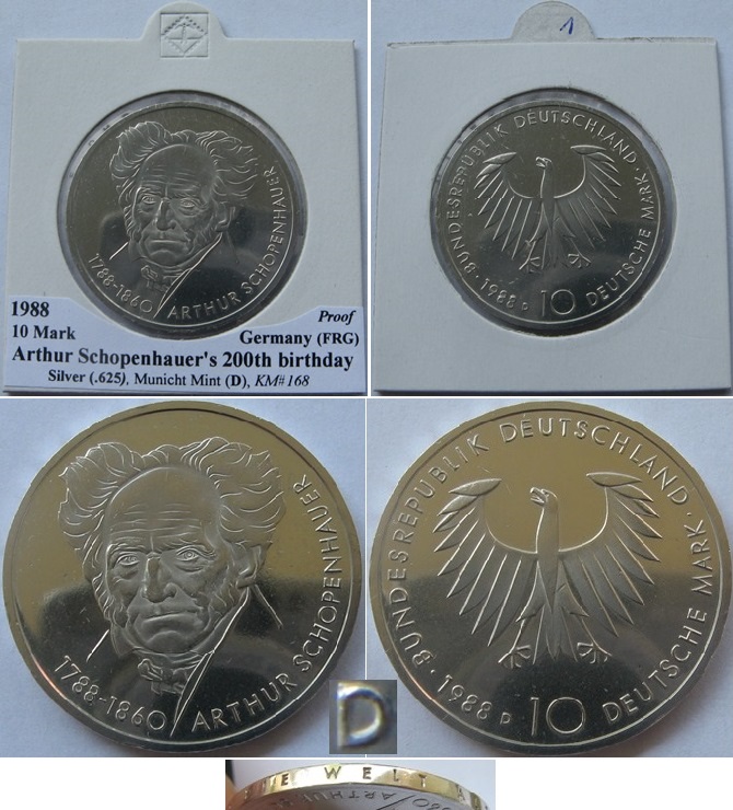  1988, Deutschland, 10 Mark (D) – Arthur Schopenhauer, Silbermünze, PP   