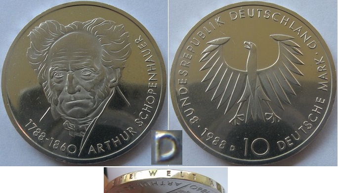  1988, Deutschland, 10 Mark (D) – Arthur Schopenhauer, Silbermünze, PP   