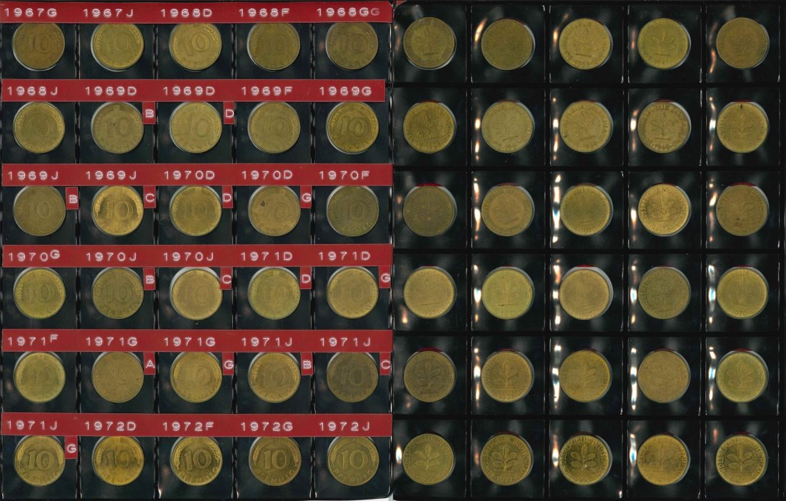  BRD; Lot Kleinmünzen; 10 Pfennig 1949-1975; verschiedene Buchstaben   