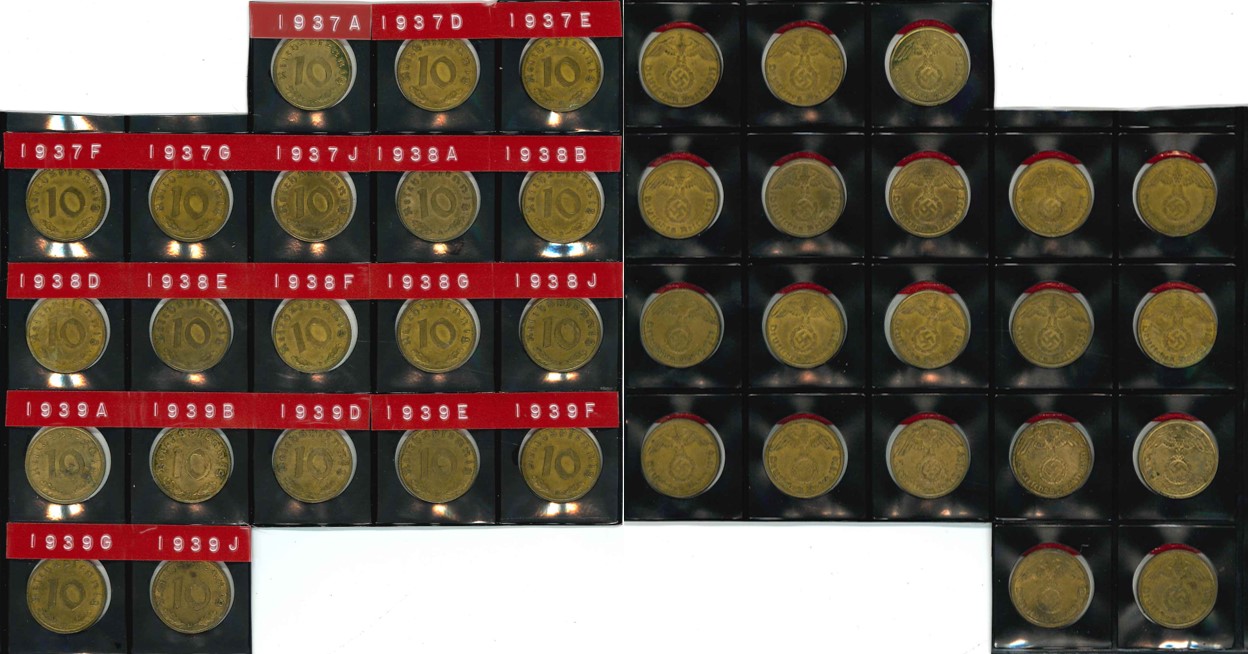  Drittes Reich; Lot Kleinmünzen; 10 Pfennig 1937-1939; verschiedene Buchstaben   