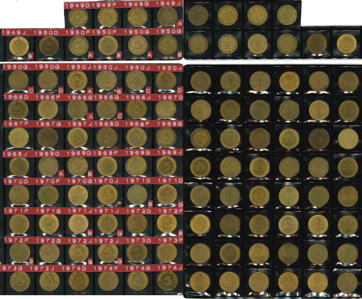  BRD; Lot Kleinmünzen; 5 Pfennig 1949/1950; 1966 - 1974, verschiedene Buchstaben   