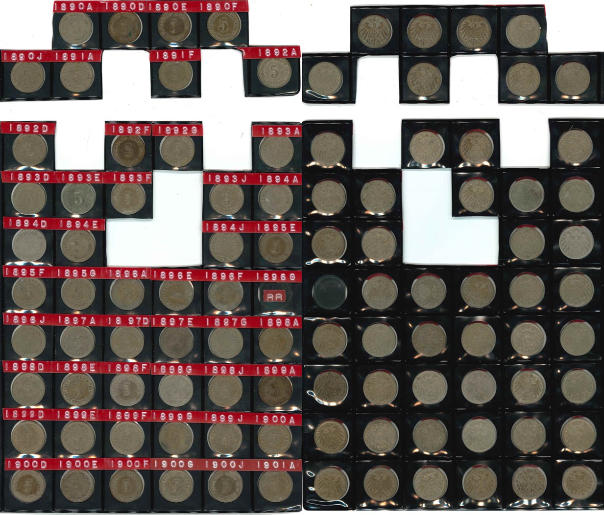  Kaiserreich; Lot Kleinmünzen; 5 Pfennig 1890 - 1914, verschiedene Buchstaben   