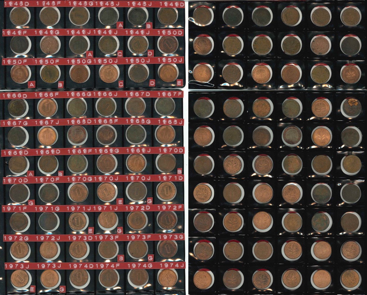  BRD; Lot Kleinmünzen; 1 Pfennig 1948 - 1950; 1966 - 1974, verschiedene Buchstaben   