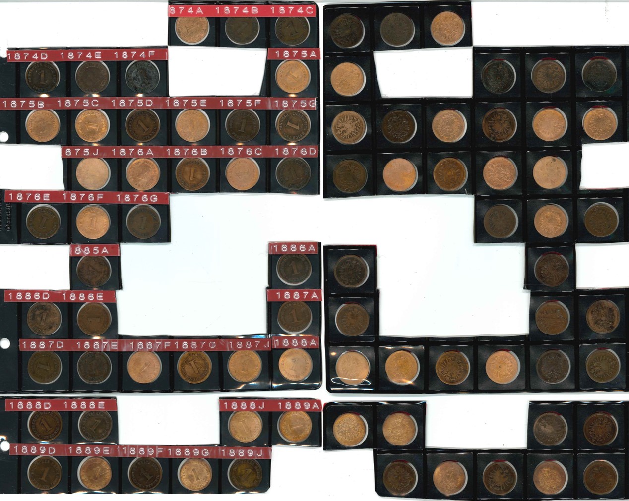  Kaiserreich; Lot Kleinmünzen; 1 Pfennig 1874/1876; 1885-1889; verschiedene Buchstaben   