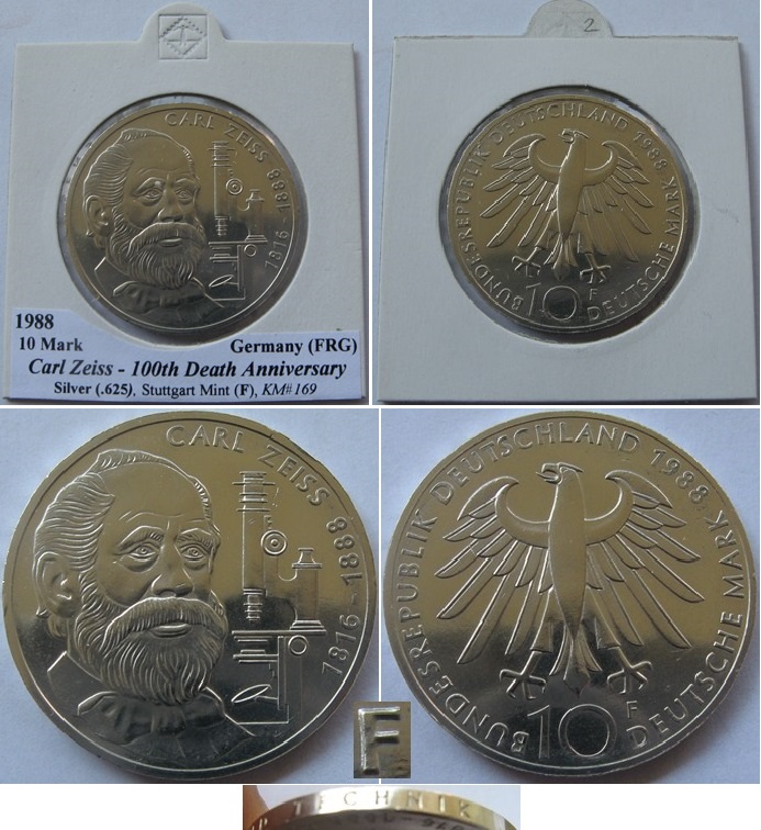  1988, Deutschland-Bundesrepublik-10 Mark (F)-100. Todestag von Carl Zeiss-Silbermünze   