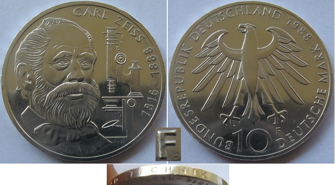  1988, Deutschland-Bundesrepublik-10 Mark (F)-100. Todestag von Carl Zeiss-Silbermünze   