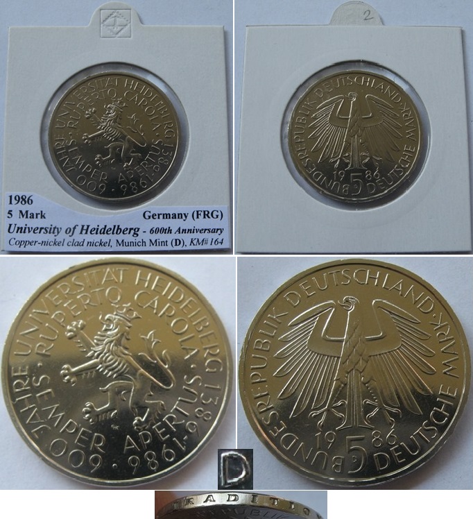  1986-Germany-5 Mark (D)- University of Heidelberg-proof   