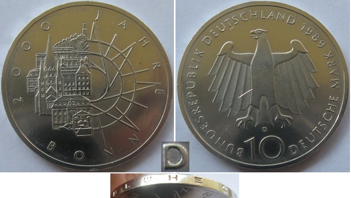  1989 – Deutschland – 10 Mark (D) – 2000. Jahrestag der Stadt Bonn – Silbermünze   