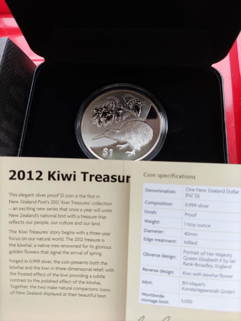  New Zealand Neuseeland 1 Oz Silber 1 NZ Dollar Kiwi 2012 proof pp, nur 5.000 Ex.   