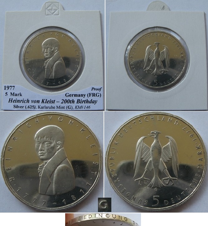  1977, Deutschland, 5 Mark (D) – Heinrich von Kleist, Silbermünze, PP   