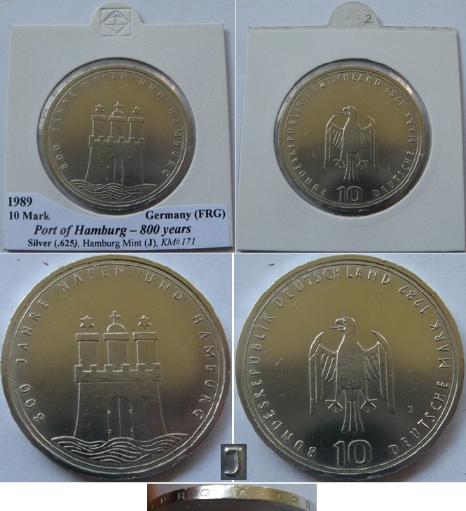  1989-Germany-10 Mark (J)- 800 years Port of Hamburg-silver coin-BU   