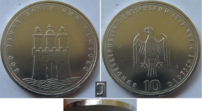  1989-Germany-10 Mark (J)- 800 years Port of Hamburg-silver coin-BU   