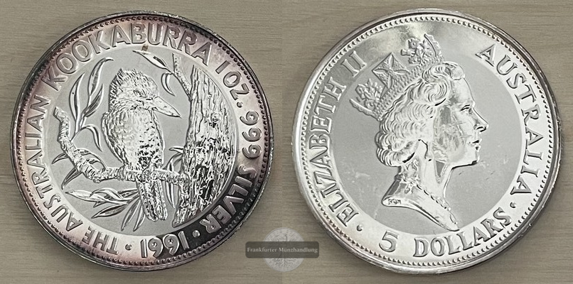  Australien,  5 Dollar 1991  Kookaburra  FM-Frankfurt  Feinsilber: 31,1g   