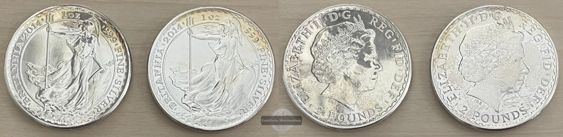  Großbritannien, 2 x 2 Pfund 2014  Stehende Britannia  FM-Frankfurt  Feinsilber: 2 x 31,1g = 62,2g   