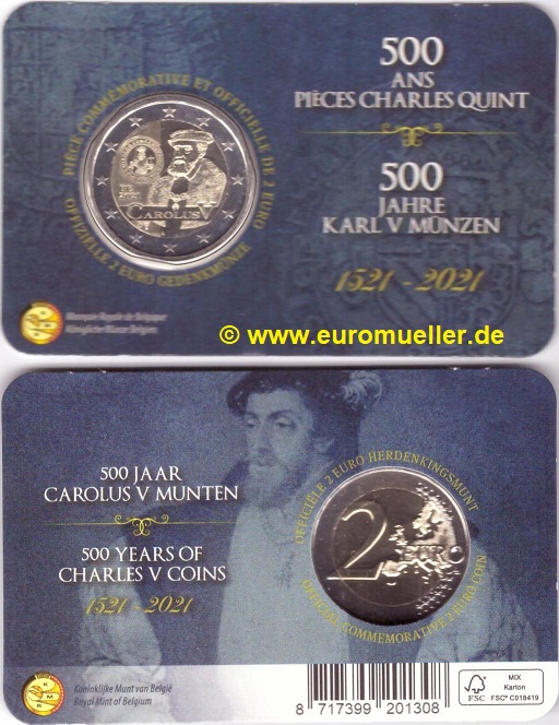 Belgien 2 Euro Gedenkmünze 2021...Carolus...franz. Coincard   