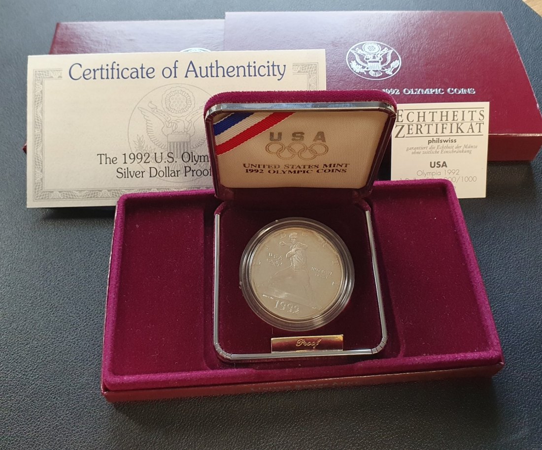  USA Olympia 1992 Gedenkmünze 1 Dollar Silber 900/1000 Polierte Platte mit Zertifikat   