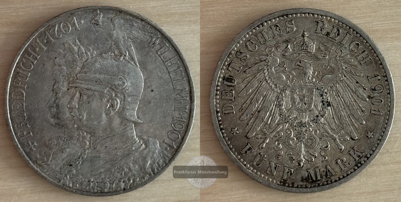  Deutsches Kaiserreich. Preussen, Wilhelm II.  5 Mark 1901 A  FM-Frankfurt   Feinsilber: 25g   