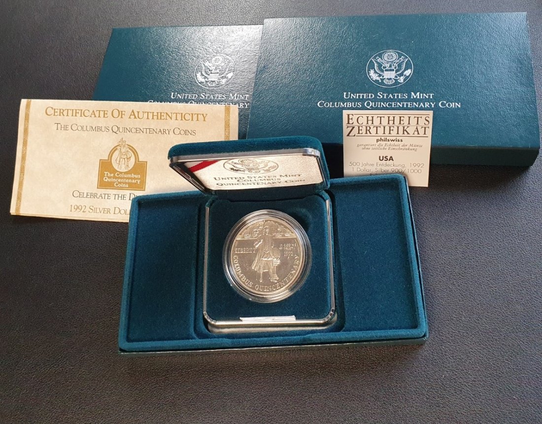  USA 1992 Discovery Gedenkmünze 1 Dollar Silber 900/1000 Polierte Platte mit Zertifikat   