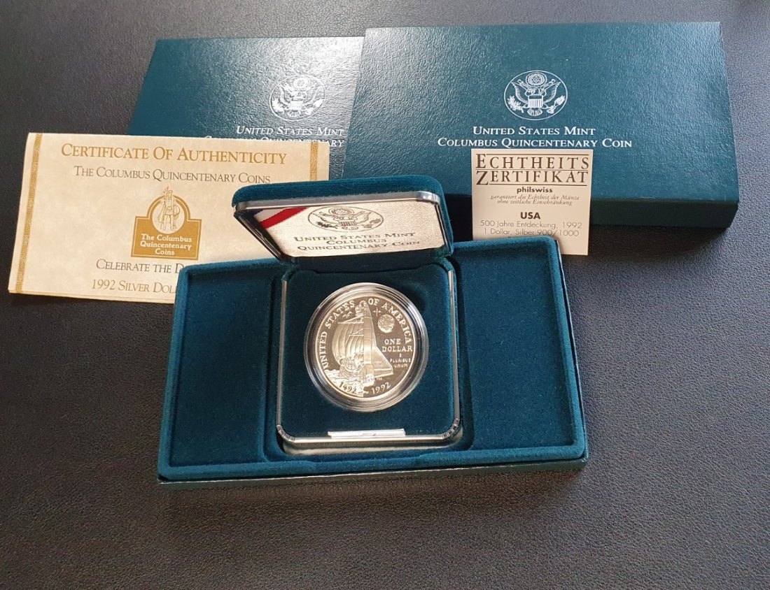  USA 1992 Discovery Gedenkmünze 1 Dollar Silber 900/1000 Polierte Platte mit Zertifikat   