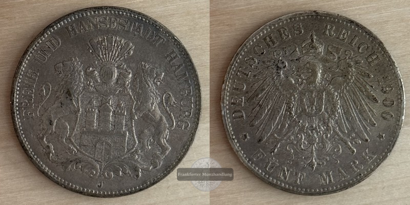  Deutsches Kaiserreich. Hamburg, Freie und Hansestadt. 5 Mark 1900 J  FM-Frankfurt   Feinsilber: 25g   