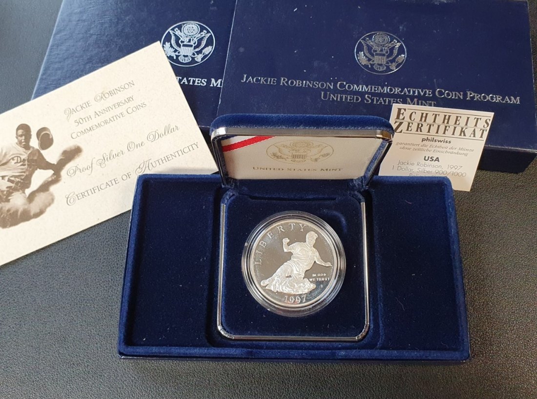  USA Jackie Robinson 1997 Gedenkmünze 1 Dollar Silber 900/1000 Polierte Platte mit Zertifikat   