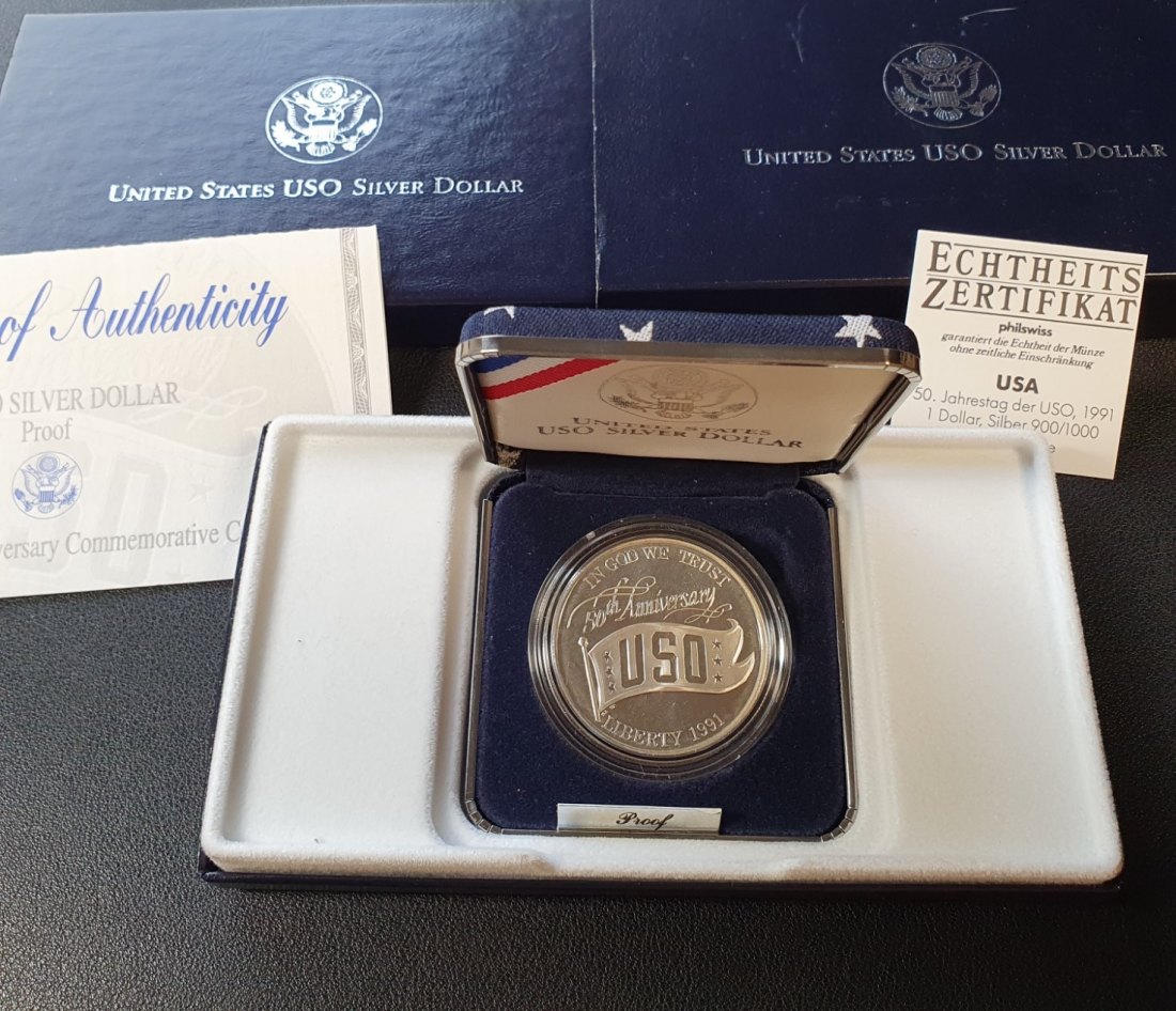  USA 50 Jahre USO 1991 Gedenkmünze 1 Dollar Silber 900/1000 Polierte Platte mit Zertifikat   