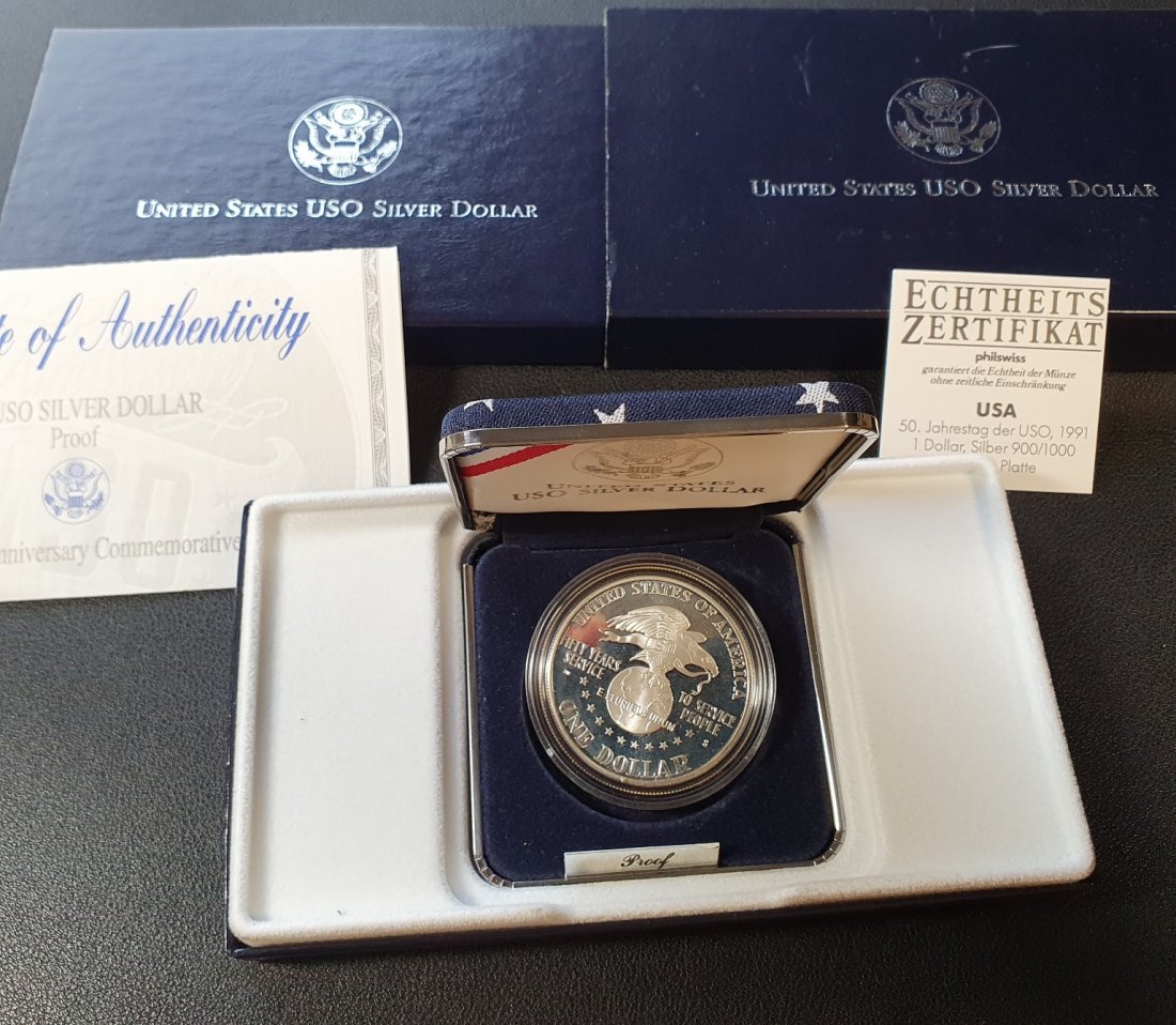  USA 50 Jahre USO 1991 Gedenkmünze 1 Dollar Silber 900/1000 Polierte Platte mit Zertifikat   